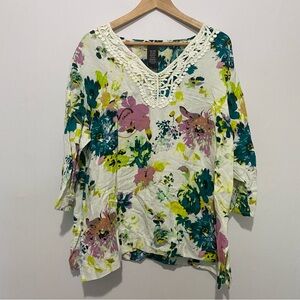 Premise Belize City Floral Linen Blend Tunic Top Crochet Trim | Size XXL
